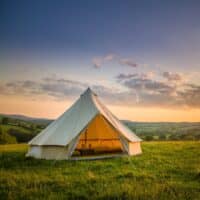 5m Bell Tent in Sand with sunset